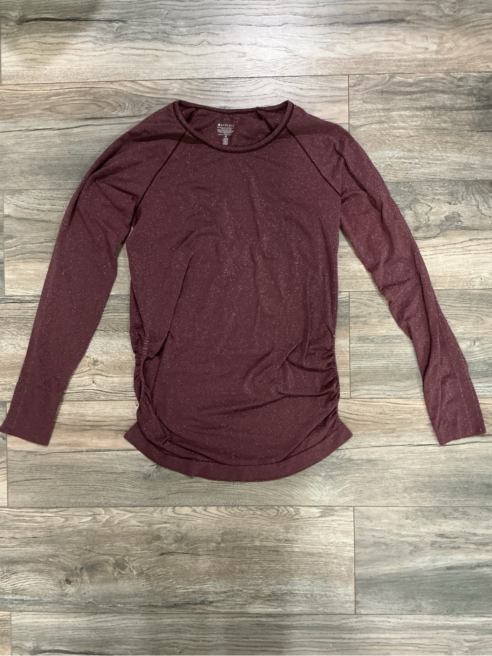 Athleta Long-Sleeve Sparkle Crew in Wine Maroon Rouching Sparkle Medium